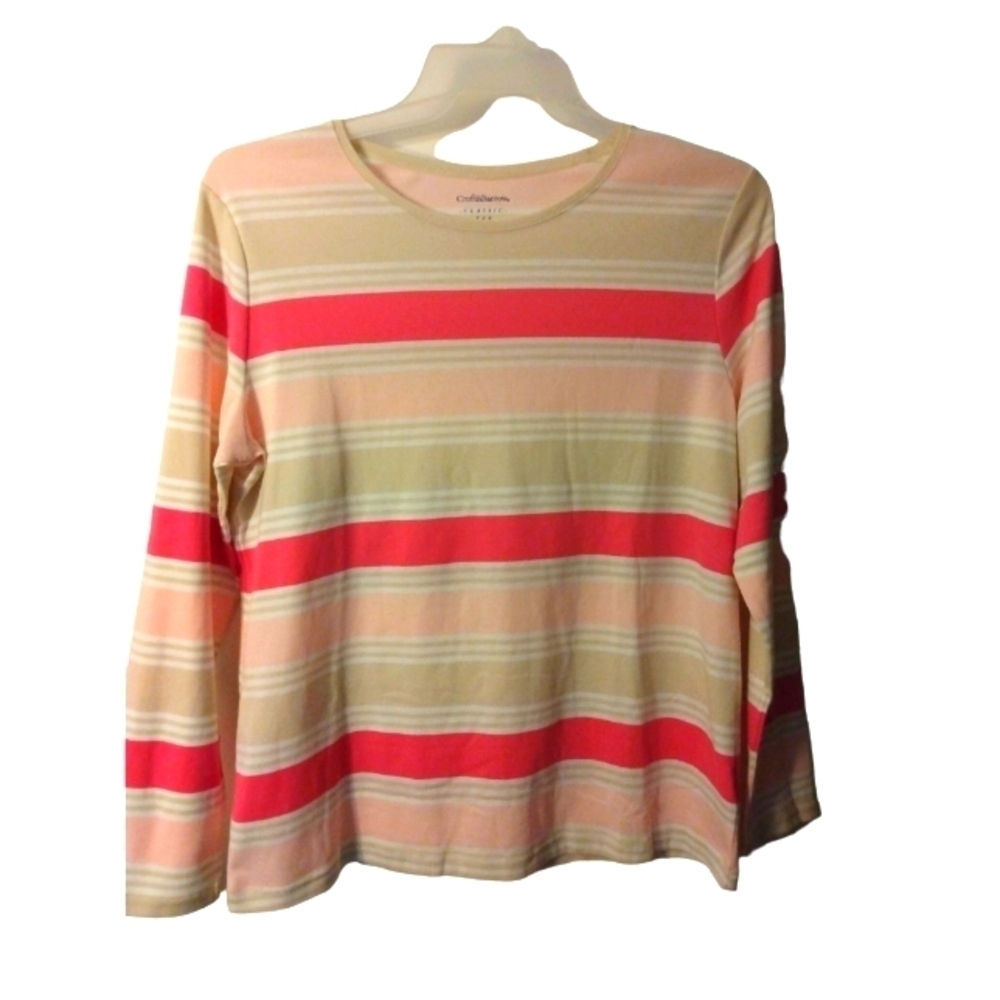 Croft & Barrow Pink,Tan,&White Horizontal Striped Long Sleeved Comfort Tee XL